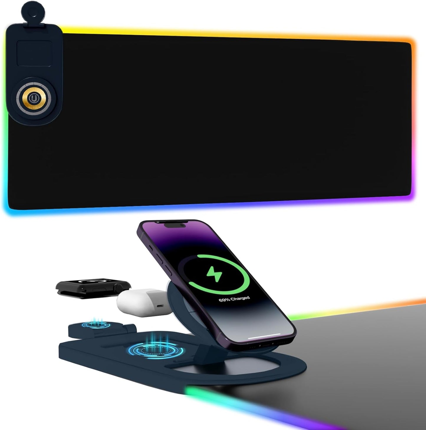 15W Fast Wireless Charging Mouse Pad, XXL RGB Gaming Desk Mat (31.5x15.7in) with Power Adapter & USB-C Cable，15 RGB Light Modes Desk Mat, Waterproof Keyboard Pad for PC/MacBook/Laptop (Black)
