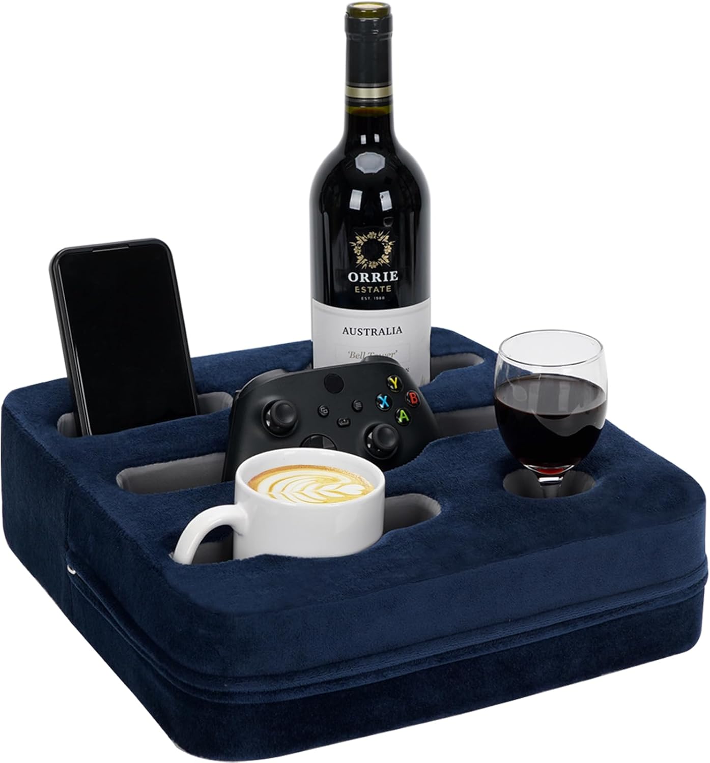 Couch Cup Holder Pillow - Sofa Cup Holder | Couch Caddy, Couch Drinks Remotes Holder for Cups, Headphones, Snacks, and Phones | Use it on Car, Pack, Beach, RV, and More (Navy)