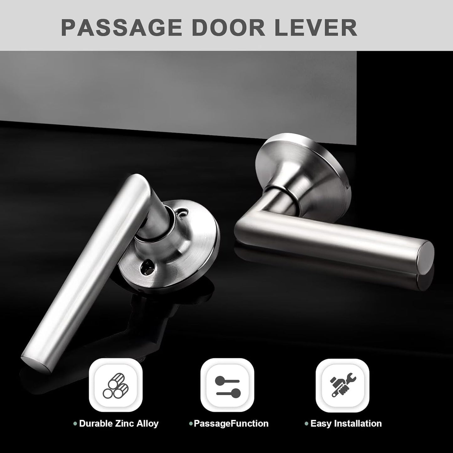 GOBEKOR 5 Pack Brushed Nickel Door Handles Interior,Heavy Duty Passage Door Handles Interior Door Levers for Hallway and Closet, Modern Sleek Round Door Locks Satain Nickel