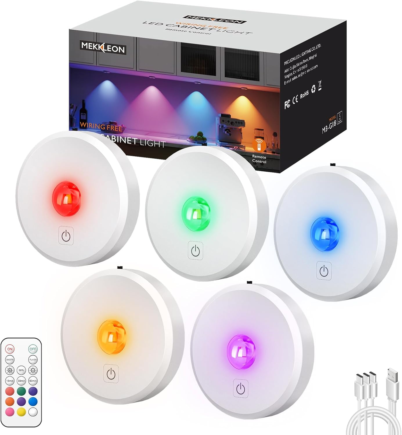 RGB Puck Lights with Remote Control, 2000mAh Battery Operated Tap Lights Rechargeable, 9 Colors & 2 Dynamic Changing Under Cabinet Lighting, Magnetic Stick on Light for Closet(White, 5 Pack)