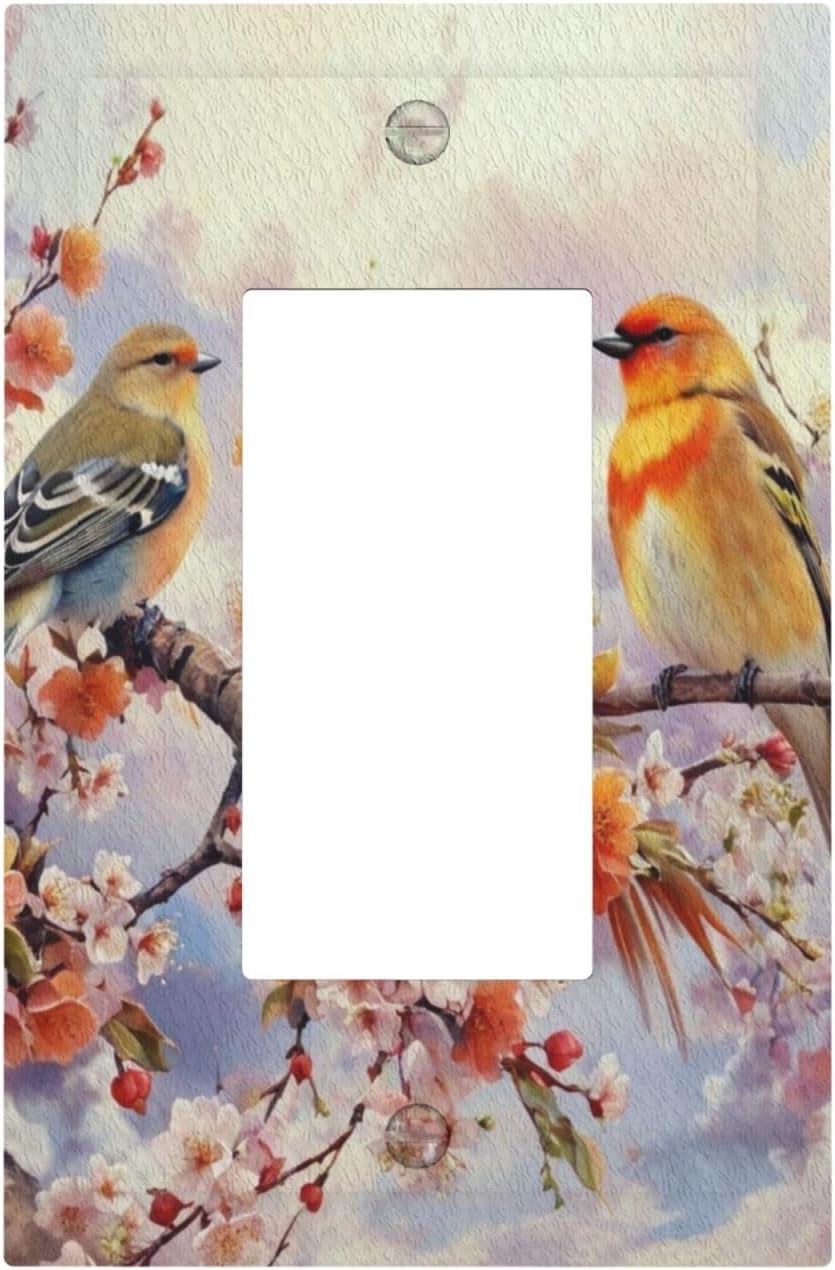 Birds Sitting on Flowers Tree Branch Single Decora Outlet Wall Plate 1 Gang Rocker Decorative Switch plate Faceplate GFCI Light Switch Covers for Farmhouse Living Decor