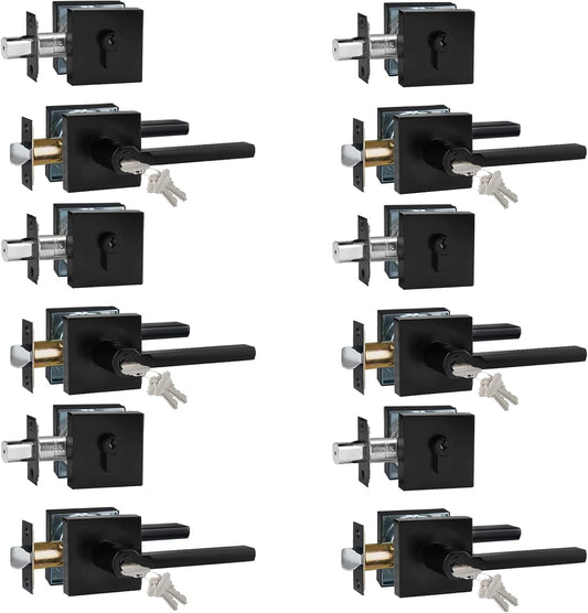Keyed Entry Door Handle with Single Cylinder Deadbolt, Keyed Alike(Same Keys Only Per Set) Front Door/Exterior Door Lever Lockset, Matte Black, 6 Sets of Locks with 6 Sets of Different Keys