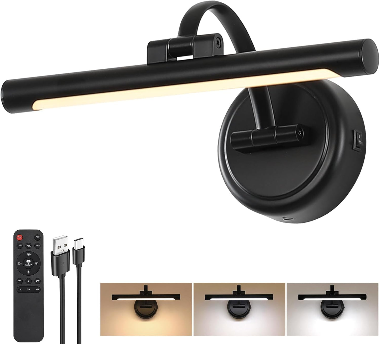 Rechargeable Picture Light for Wall, Cordless Art Lights Battery Operated, Dimmable Wall Light with Remote & Timer, 3 Color Modes for Paintings, Gallery, Artwork(Black, 12inch)