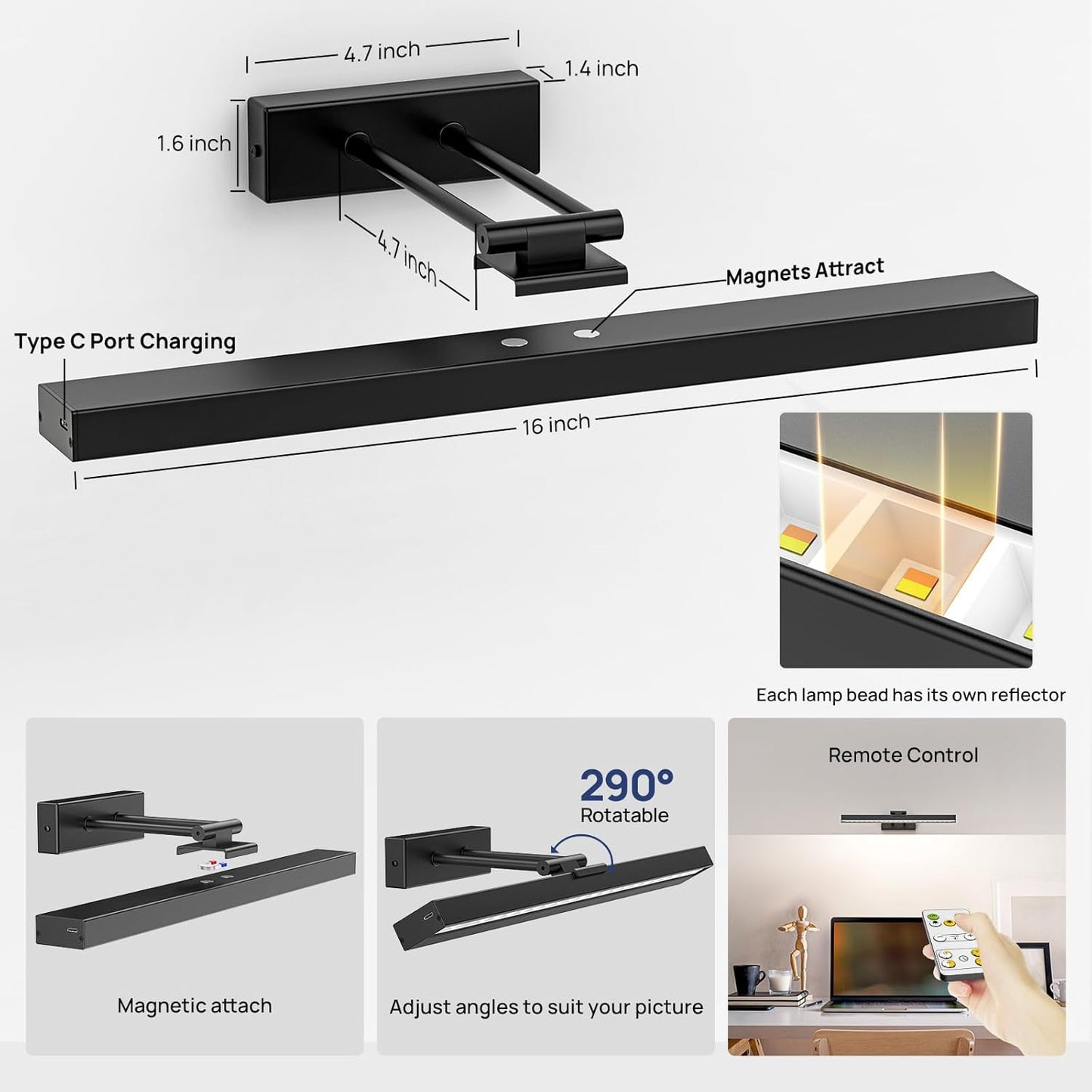 PESUTEN 2PCS Picture Light Battery Operated, 16in Wireless Art Light for Paintings CCT Dimmable Recharging Battery Picture Light with Remote Control for Gallery Dartboard Bedroom Bathroom