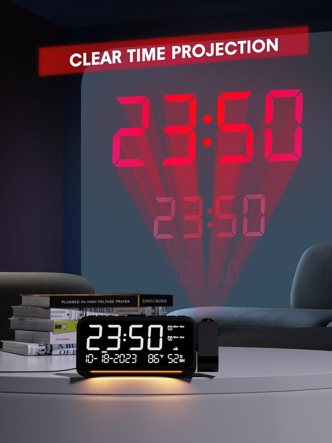 Mesqool Projection Alarm Clock for Bedroom, Digital Clock with Projection on Ceiling with Night Light, Date, Temperature, Humidity, Type-C USB Charger, Snooze, Dual Alarms, Dimmer,12/24H