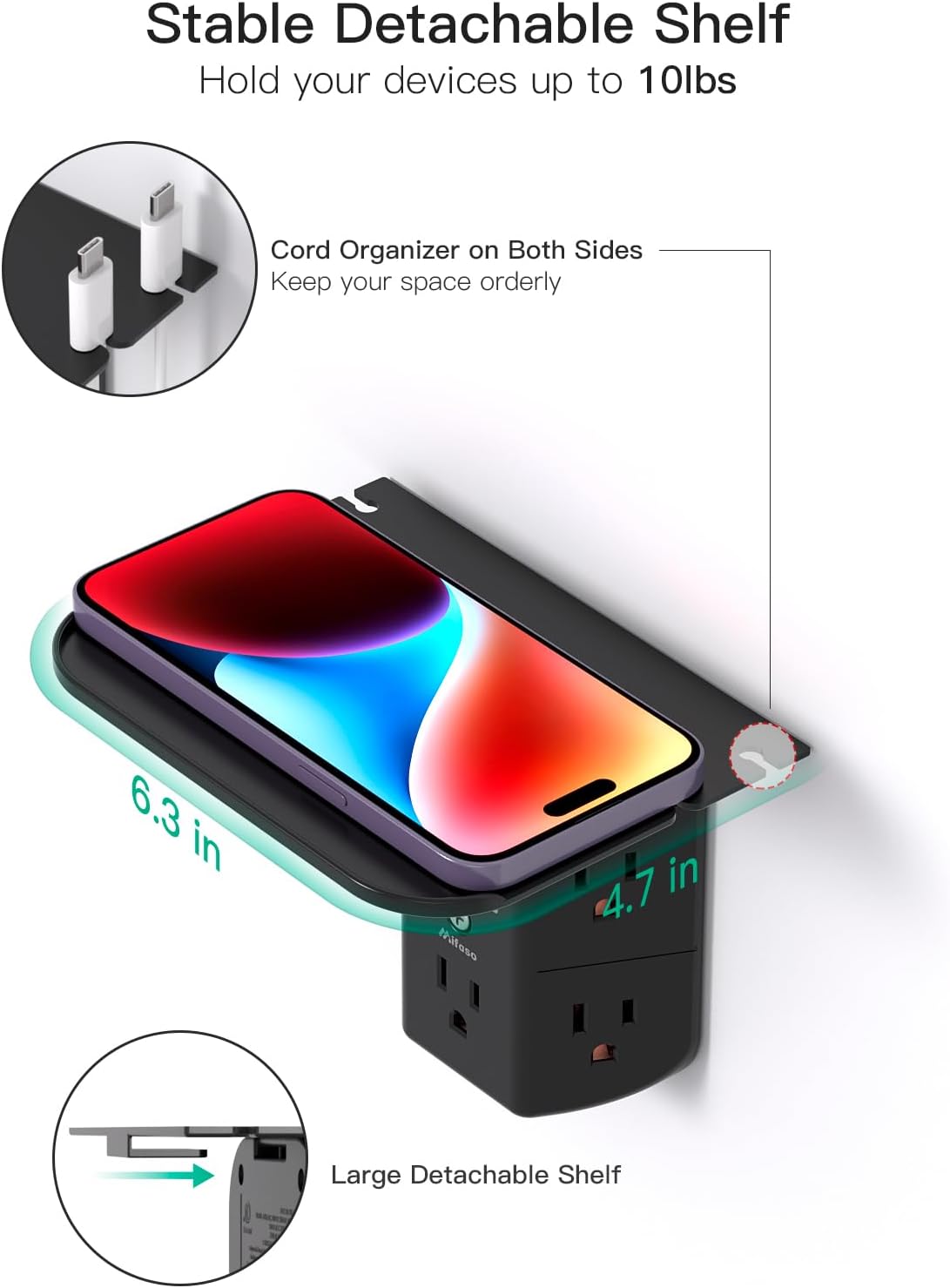 Wall Outlet Extender with Shelf and Night Light,Surge Protector,USB Wall Charger with 5 USB Outlets and 3 USB Ports 1 USB C Outlet