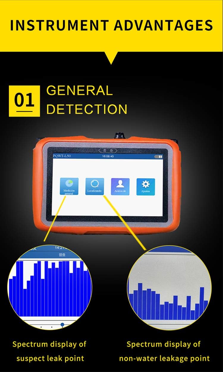 PQWT L6000 Underground Water Leak Detectors Indoor Outdoor Wall Water Pipe Detector Machine Multi Sensor Acoustic Pipeline Leakage Detection Kit Noise Reduction Headphone Smart Touchscreen Carry Case