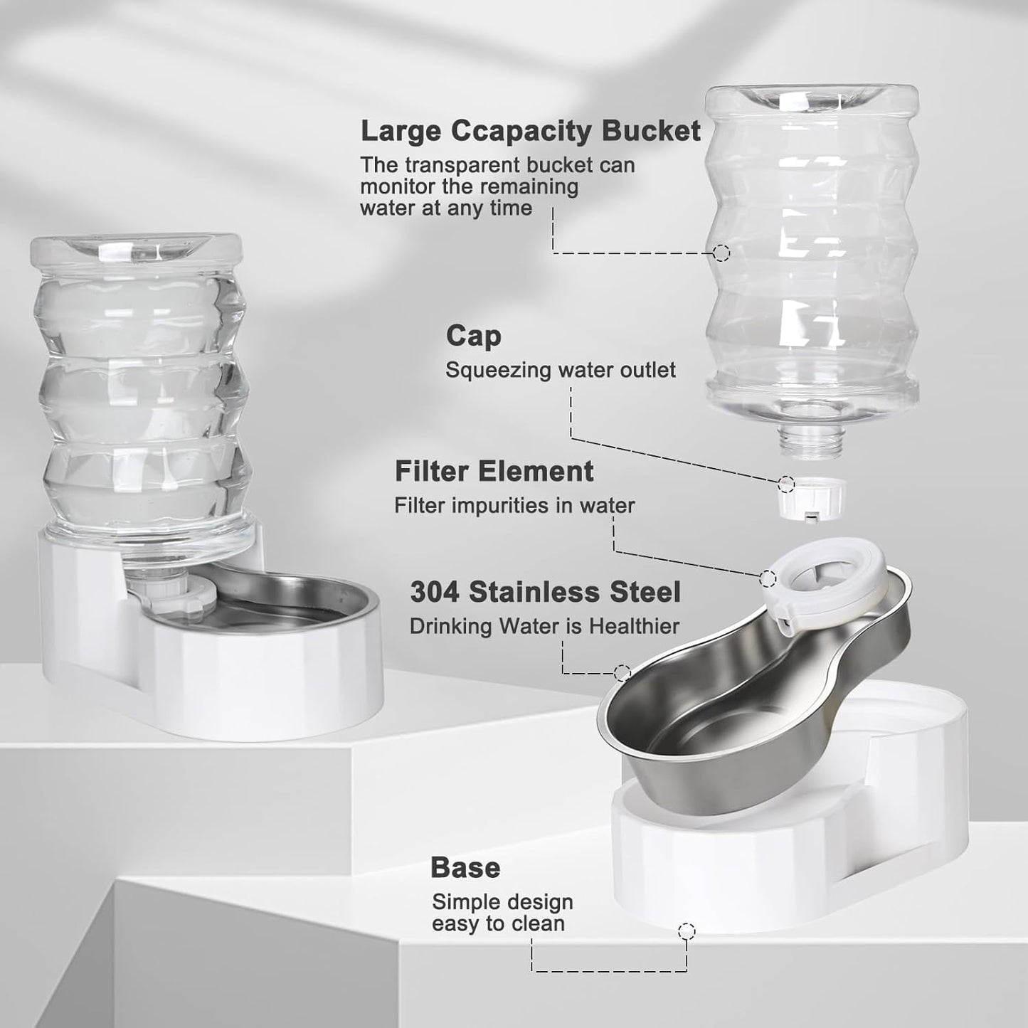 RIZZARI Automatic Gravity Pet Waterer: 7L White Stainless Steel Water Dispenser - Large Capacity with Triple Filter and Specialized Brush for Senior Dogs with Spinal Issues - for Living Room Bedroom