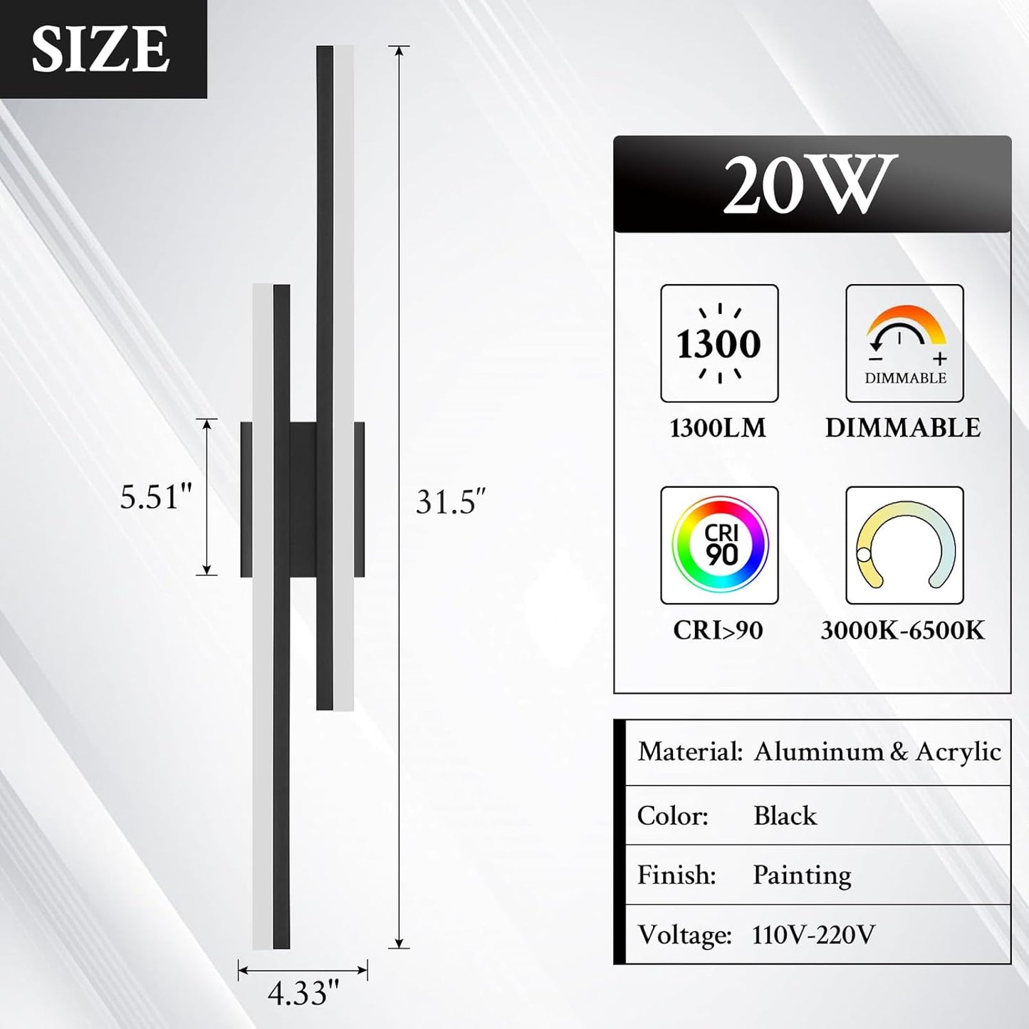 LED Wall Sconce Black Modern Remote Wall Light Fixtures for Living Room, Dimmable LED Vanity Light Indoor Remote Wall Sconce for Bedside Bedroom Bathroom Dining Room, 31.5inch 1 Pack