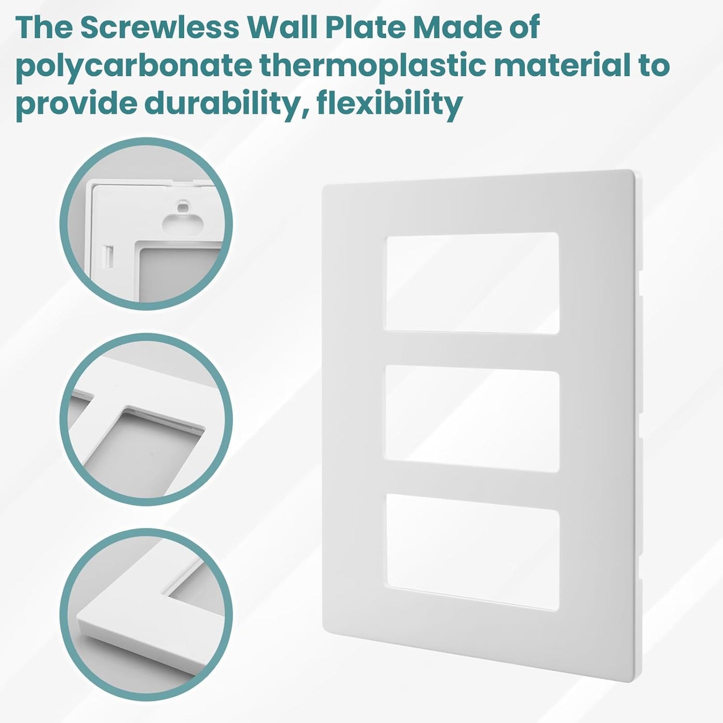 3-Gang Decora Screwless Wall Plate 80311-SW Child Safe Outlet Cover 80311-SW,Screw Smooth Face Switch Plates, Screwless Wall Plate 3Gang Receptacle Outlet Cover 2 pack