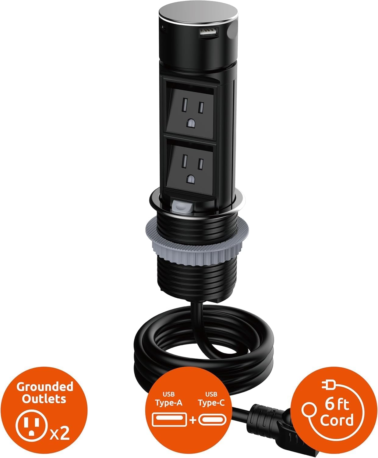 Link2Home 2 Pack Space Saver Pop Up Outlet, 2 Power Outlets, 2 USB Ports A/C 2.4 Amp, Splash Resistant, Overload Protection, Stainless