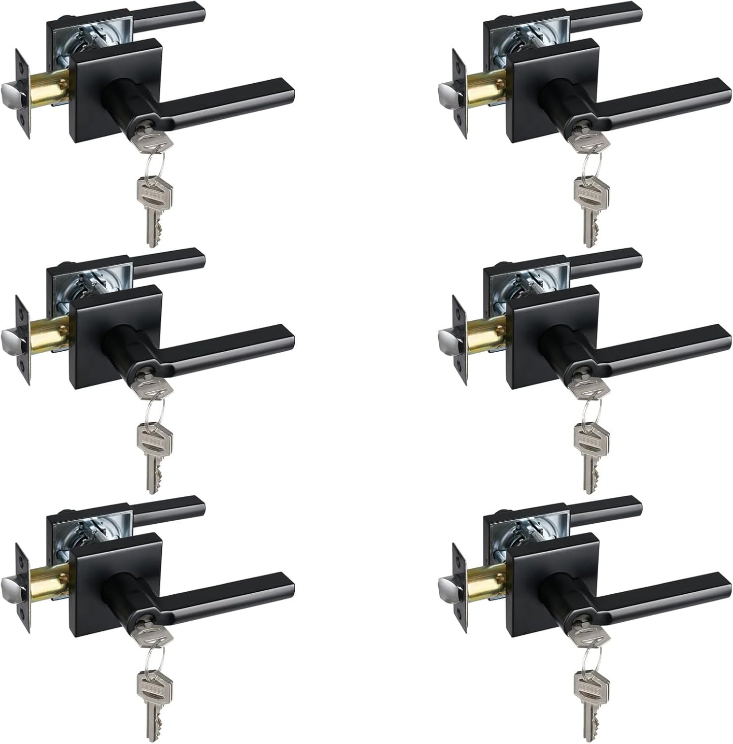Keyed Entry Door Lever with Lock, Heavy Duty Square Interior Handle for Front Door and Office, Matte Black, Reversible for Right&Left Handed, 6Packs