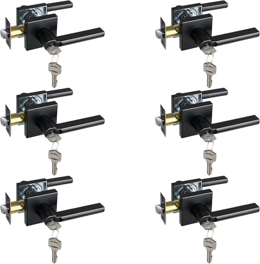 Keyed Entry Door Lever with Lock, Heavy Duty Square Interior Handle for Front Door and Office, Matte Black, Reversible for Right&Left Handed, 6Packs