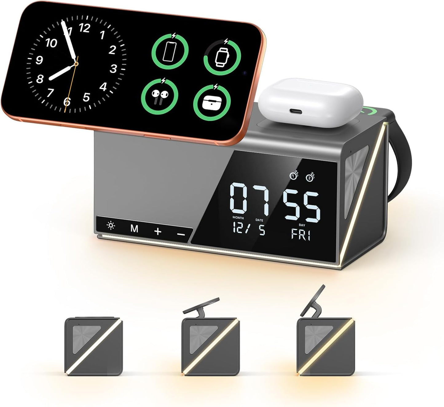 4URPC 6-in-1 Alarm Clock Wireless Charging Station for Apple Multiple Devices,MagSafe Charging Dock for iPhone 17/16/15/14/13 Series, Apple Watch, AirPods,Wireless Charger with Night Light/Alarm Clock
