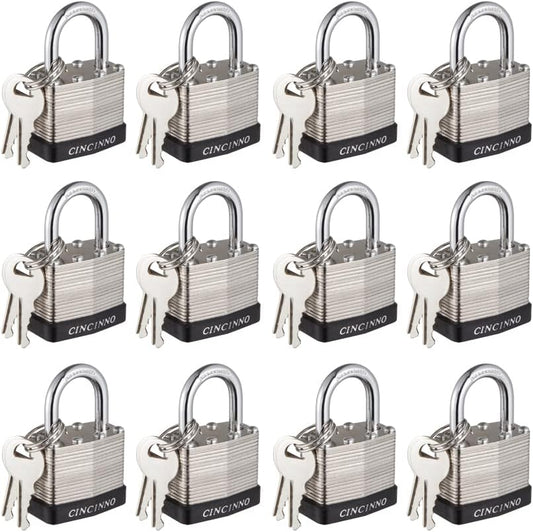 40mm Keyed Alike Nickel Plated Laminated Steel Padlock, 1-9/16" Wide Body 1-inch Shackle Padlocks with Keys Pack of 12
