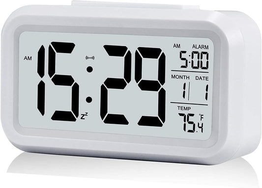 Digital Alarm Clock with LCD Display, Desk Smart Electronic Small Clock with Indoor Temperature, Date, Light Sensor, Backlight, Battery Operated, for Home Bedroom Kids Office (White)