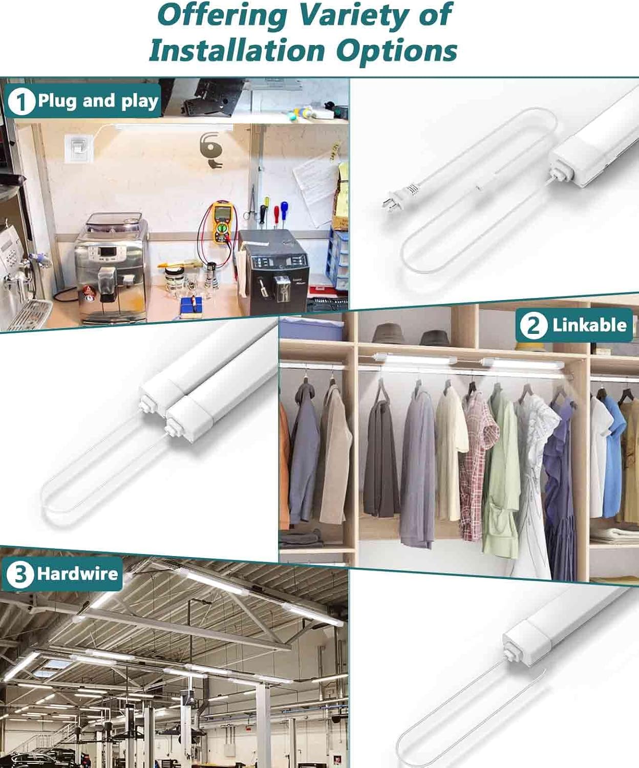 LED Tube Light Fixture with Plug, 2FT 2000LM 5000K Utility Shop, Linkable Cabinet for Garage, Kitchen, Bathroom, Closet, Office - 2Ft, Triproof, White
