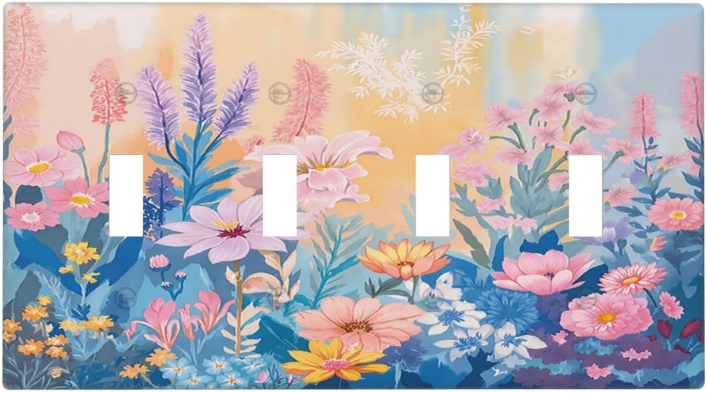 Light Switch Cover Plate Colorful Watercolor Flowers Wildflower Plants 4 Gang Quad Toggle Wall Plate Electrical Outlet Cover Decorative Switch Plate Covers for Bathroom Home Decor