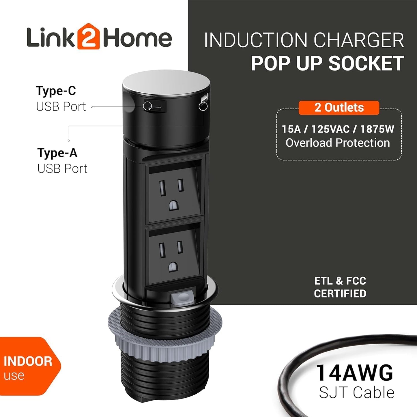 Link2Home 2 Pack Space Saver Pop Up Outlet, 2 Power Outlets, 2 USB Ports A/C 2.4 Amp, Splash Resistant, Overload Protection, Stainless