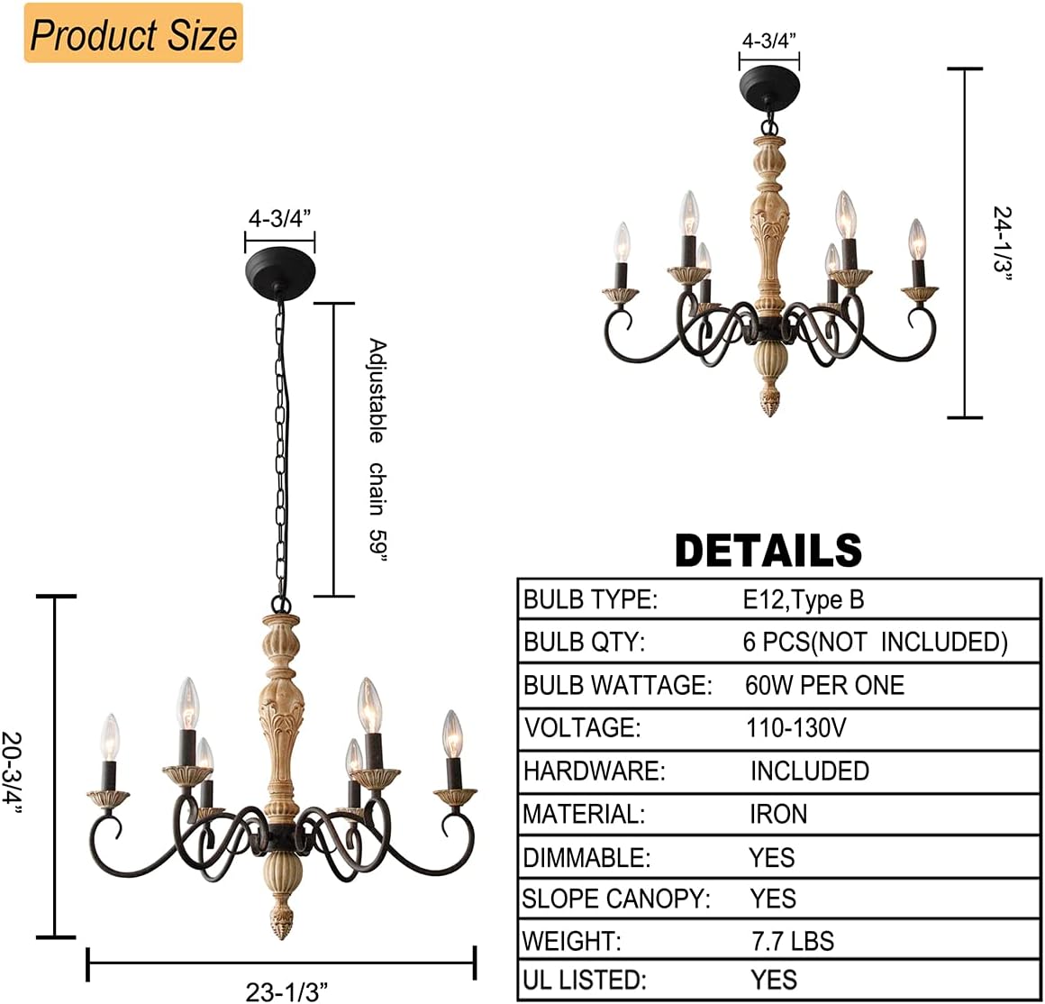 French Country Chandelier-Farmhouse Chandeliers for Dining Room 6 Lights Fixture Rust Imitation Wood Finish for Living Room, Bedroom, Kitchen, Stairway, Bathroom (Dia 23.3”)