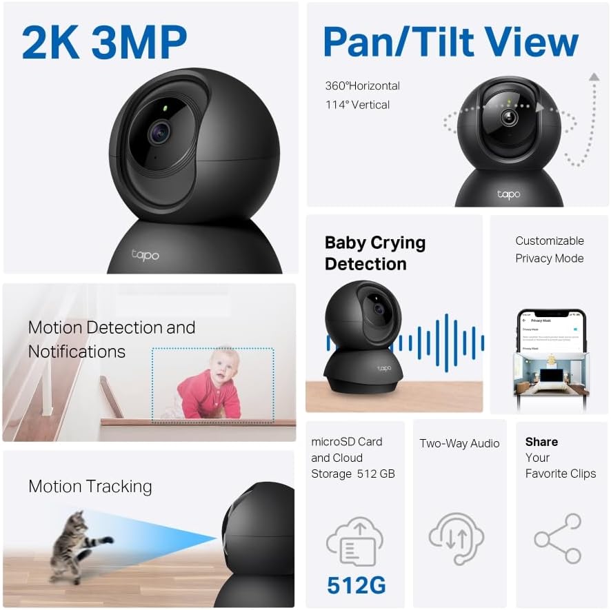 Tapo 2K Pan/Tilt Indoor Security Camera for Baby Monitor, Pet Camera | Motion Detection & Tracking | 2-Way Audio | Cloud & SD Card Storage | Works w/Alexa & Google Assistant | Black C211