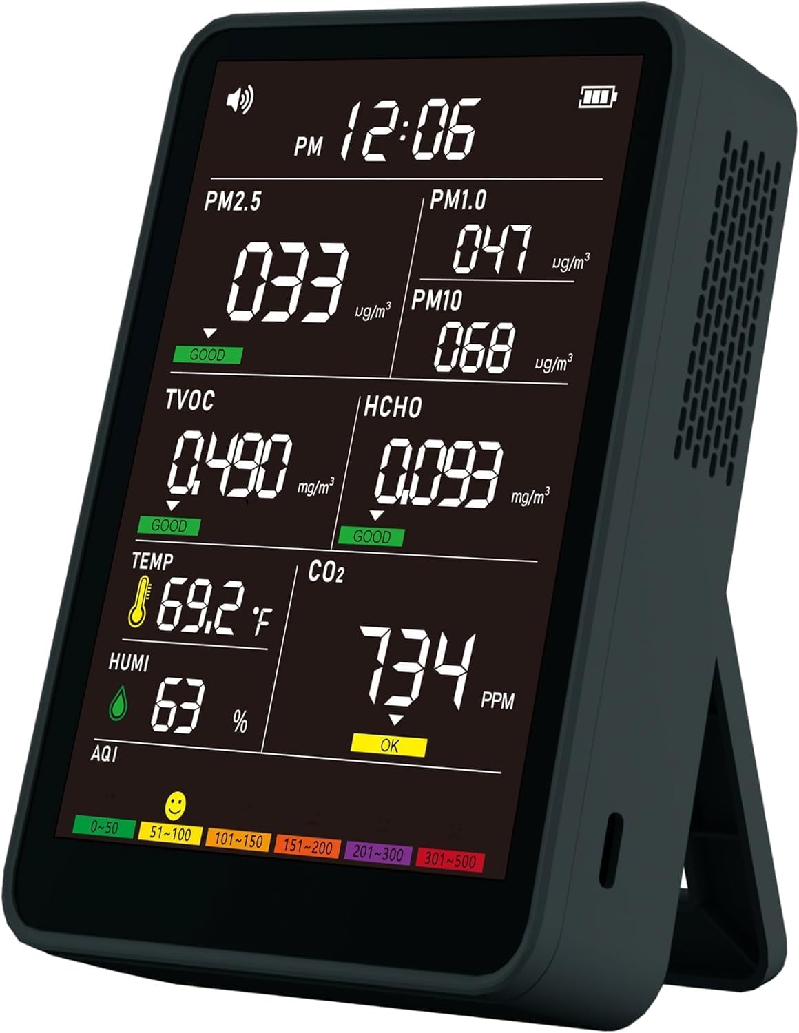 Professional Indoor Air Quality Monitor with AQI, Portable Real-Time Detector for Home Cars Plants and Pets (Black)