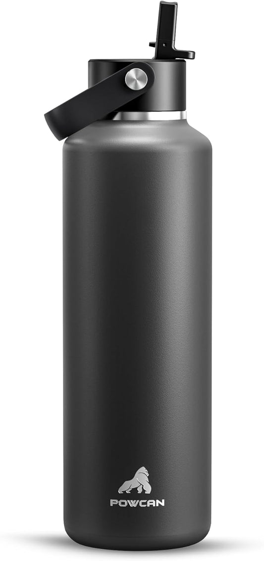 POWCAN 24 oz Slim Insulated Water Bottle: Leakproof, Lightweight, Top Handle, Stainless Steel Water Bottle with Straw for Sport, Gym, Fitness, Office, Home, Commute, Workouts, Boy, Men (Stone Gray)