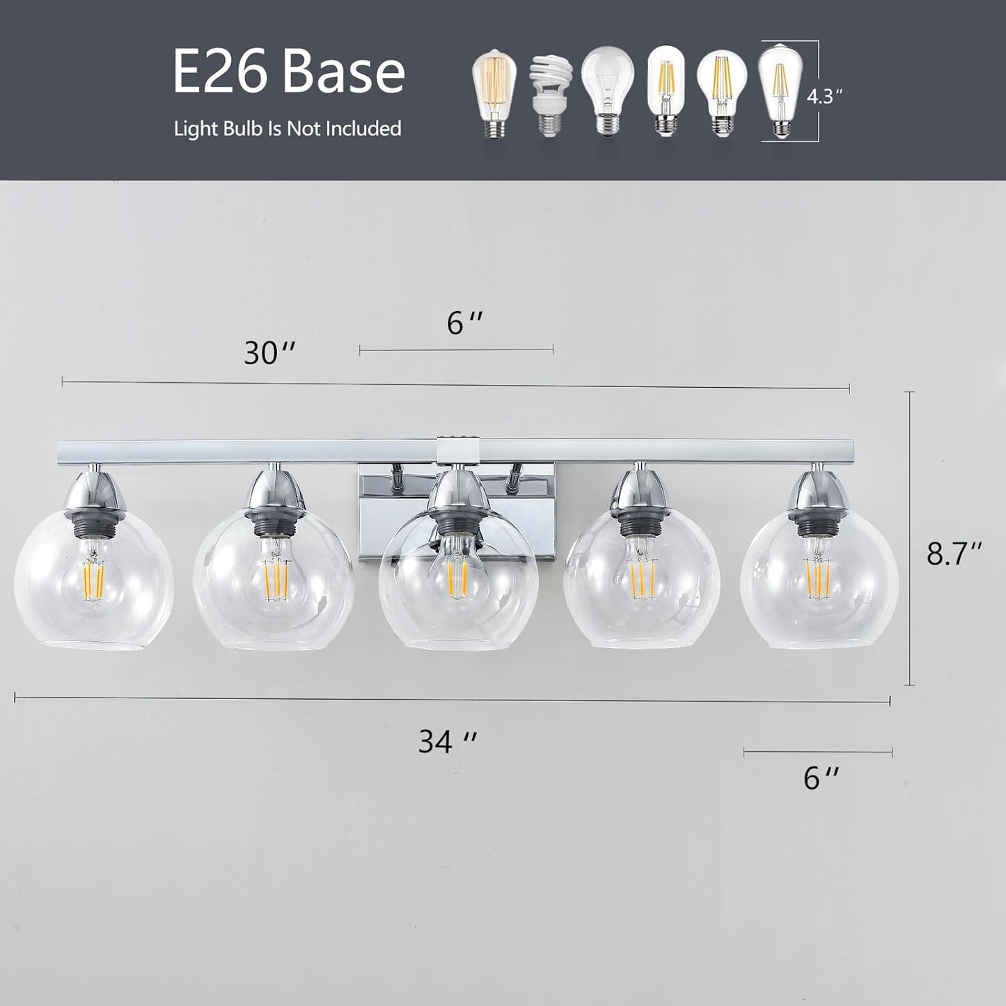 5-Light Bathroom Light Fixtures, Silver Vanity Light with Ultra-Clear Hand-Blown Glass, Durable & Elegant, Wall Lamp for Mirror, Bedroom, Kitchen