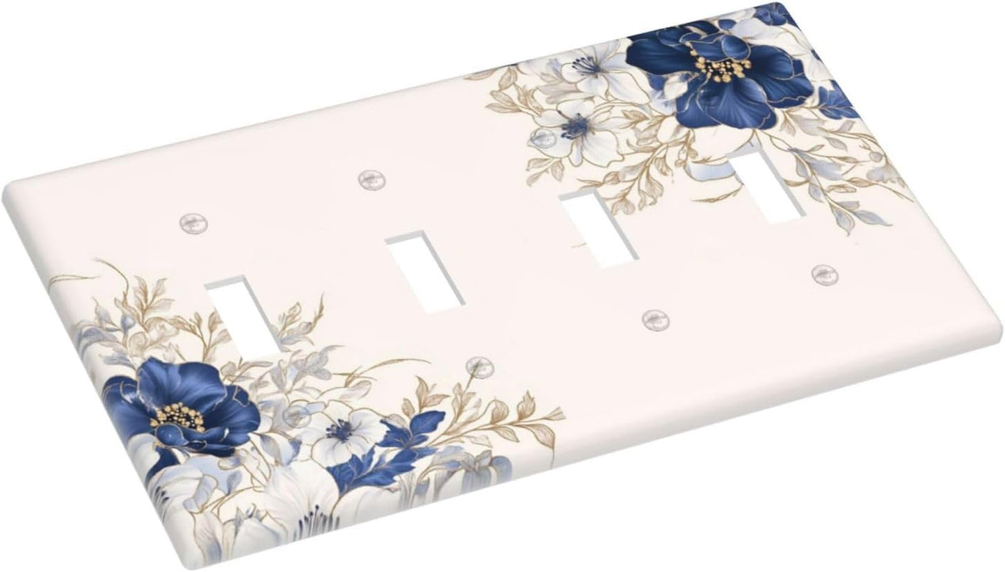 Decorative Light Switch Cover Plate Rustic Blue Beige Flower Peony Floral 4 Gang Wall Plates for Electrical Outlets Quad Toggle Switch Plate Covers Outlet Covers Faceplate for Bedroom Decor