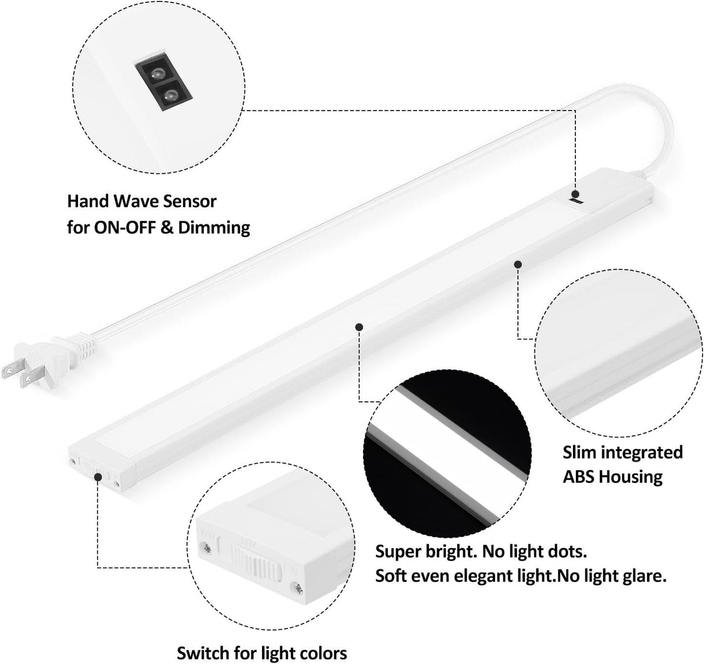 Under Cabinet Light 16 Inch Plug in 110VAC. Hand Wave Activated. 8W LED Light Bar. Bright but Dimmable. Light Color Adjustable. For Kitchen Under Cabinets, Counter, Over Sink Closet Workbench