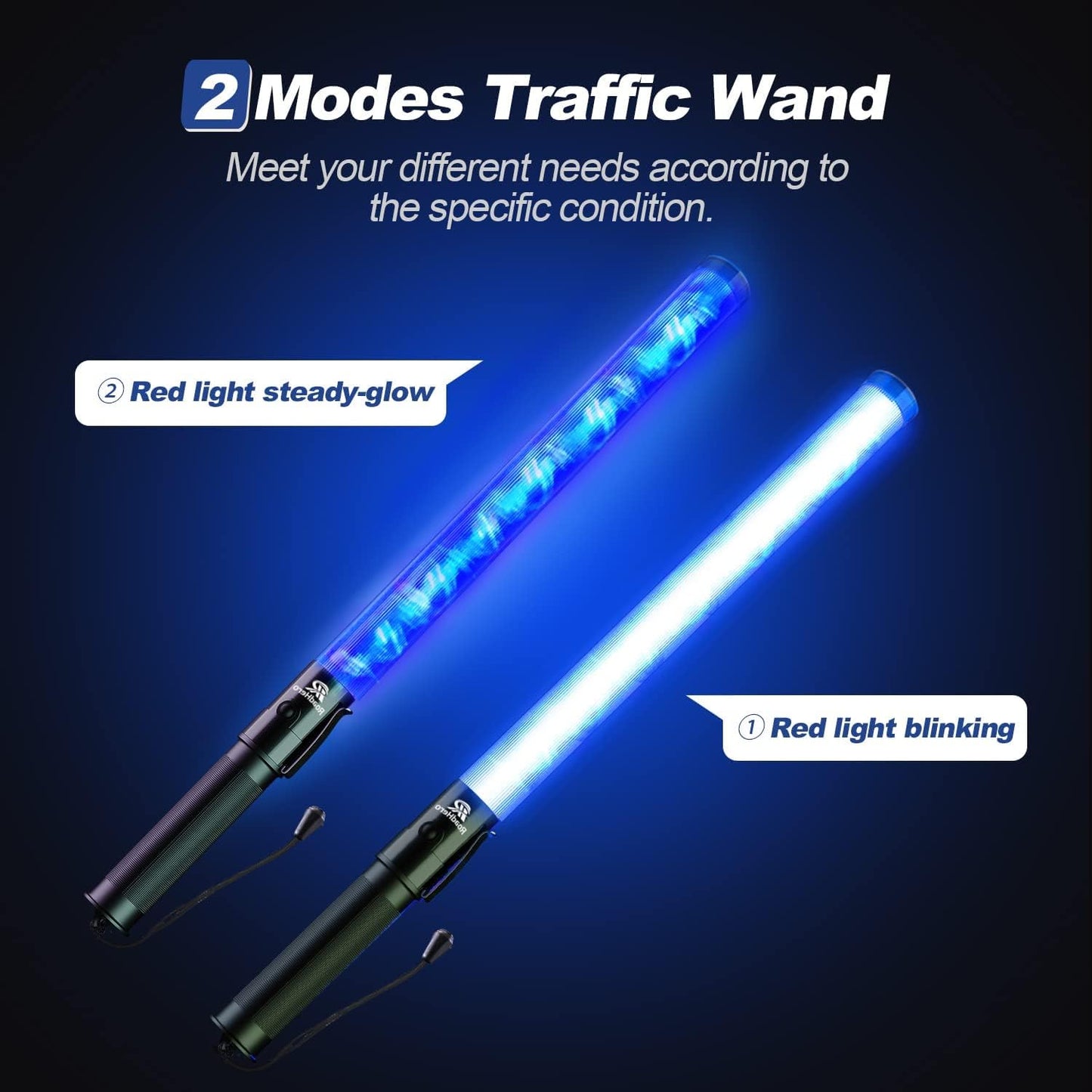 RoadHero 2 Pack 21 Inch Traffic Wands, Blue Led Traffic Control Baton, Night Safety Light Wand with 2 Flashing Modes, Air Marshaling Signal Wand with Side Clip for Parking Lot