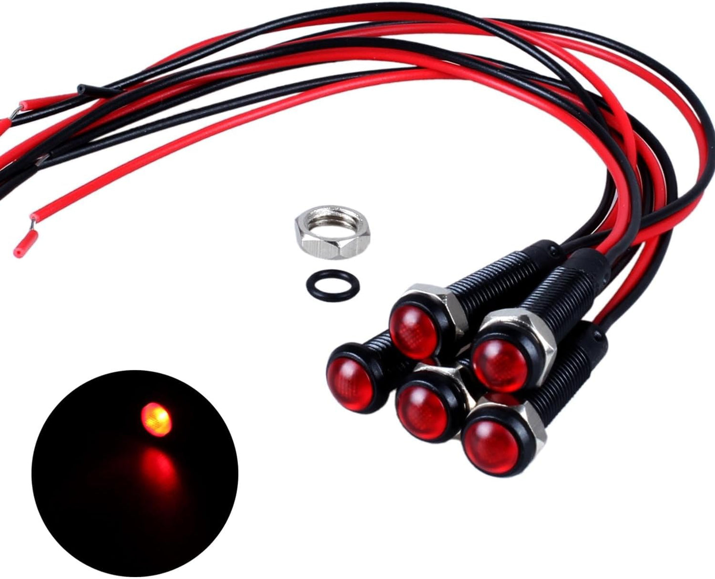 5pcs 6mm LED Indicator Light Plastic Black Signal Dot Lamp 12V-24V 1/4" Mounting Hole Size with 15cm/5.9in. Wire (Red LED)