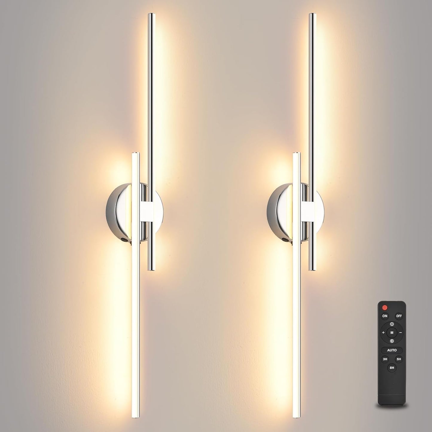 Wireless Battery Operated Wall Sconces with Remote, USB Rechargeable Led Wall Lights, 3000K-6000K Chrome wall sconces for Bedroom, Hallway, Living Room. Chrome 31.4-Inch Wall Light Set of Two