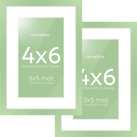 Homeforia Sage Green 4x6 Picture Frame, High End Metal 4 x 6 Frames with Mat 3 x 5 for Print, 4by6 Desk Frame Matted to 3x5 in Photo, 4 by 6 Wall or Tabletop Frames, Tempered Glass, Wall Kit, Set of 2