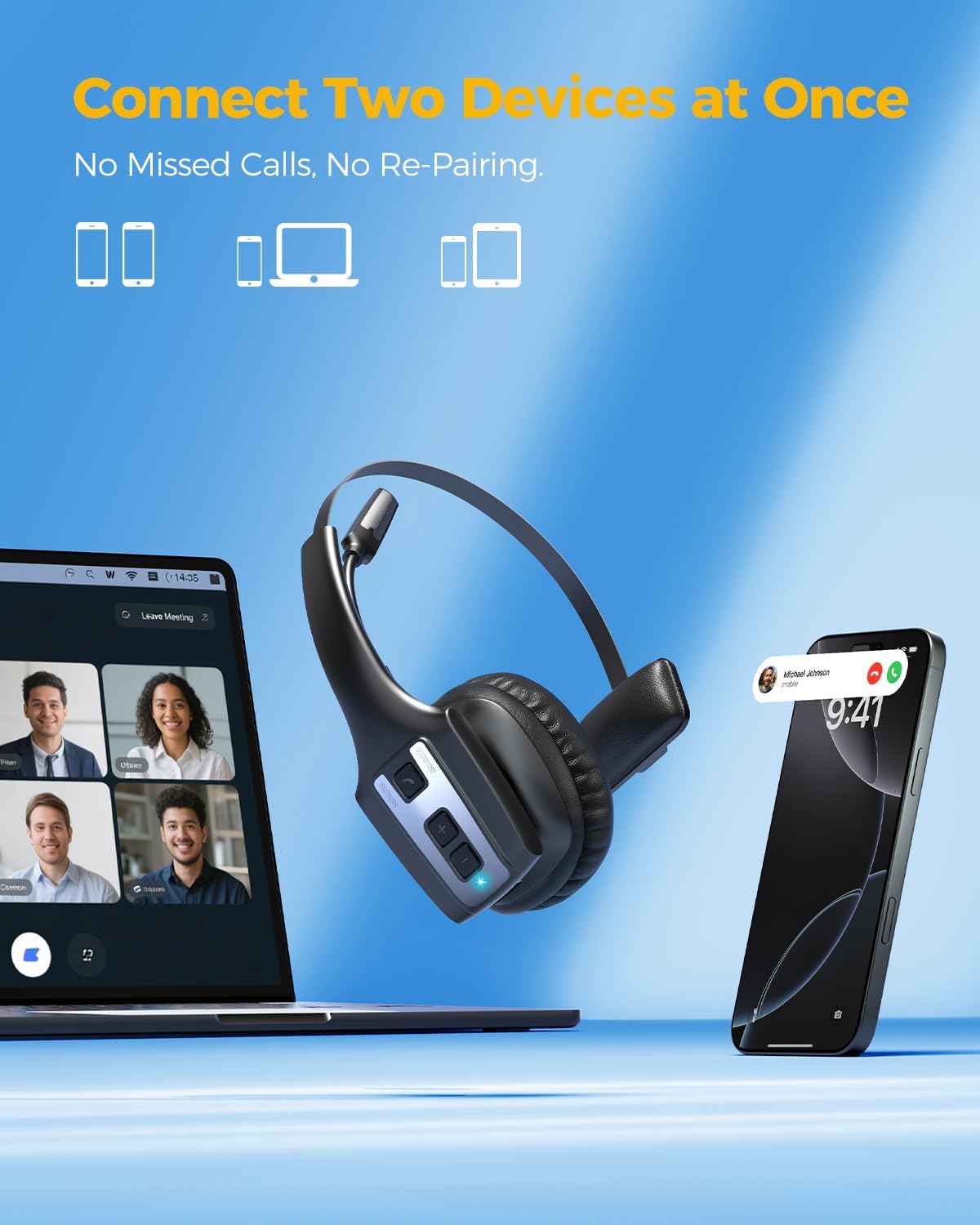 Trucker Bluetooth Headset, Wireless Headset with Mic for Work, Upgraded V5.3 Dual Noise Cancelling Microphones, Mute Button, Multipoint, 53H Battery, for Truck Drivers, Work from Home Office Phone