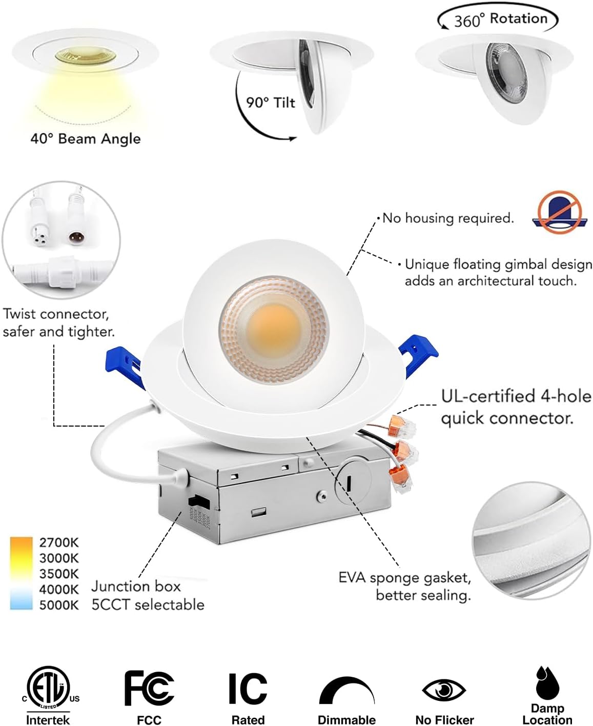 Adetu 4 inch 5CCT Gimbal Led Recessed Lights, 360°+90° Adjustable Directional Recessed Lighting, 2700K/3000K/3500K/4000K/5000K Dimmable Retrofit Eyeball Can Lights with Jbox, ETL(White, 6 Pack)