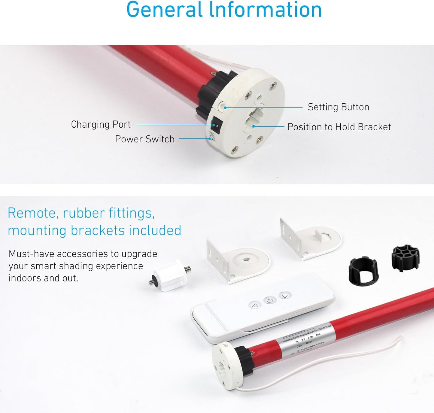 Rollerhouse 1-1/8" (28mm) Battery Powered Motor Kit with Remote Control and Charger Electric Motor DIY Motorized Tube for Window Blinds