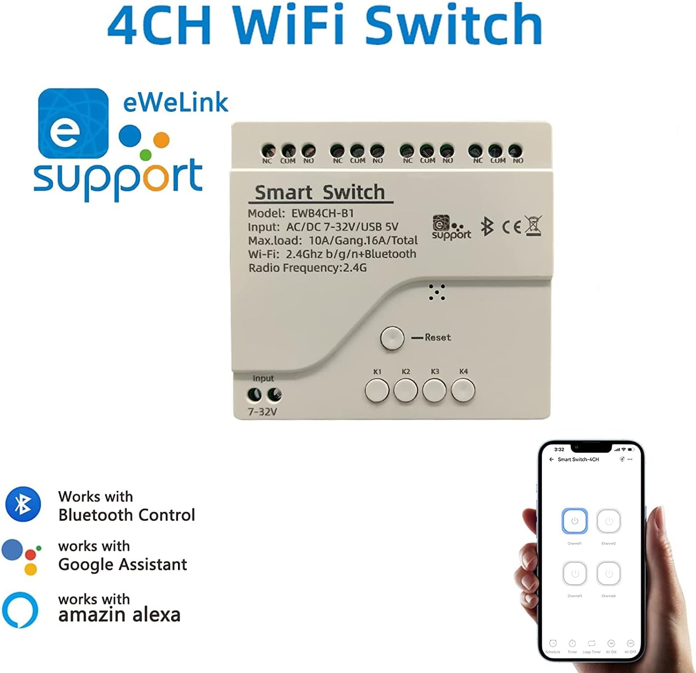 4 Channel Smart Switch, Momentan/Locking WiFi Relay, eWeLink App Bluetooth Control Switch, DIY Smart Home, Compatible with Alexa Google Home