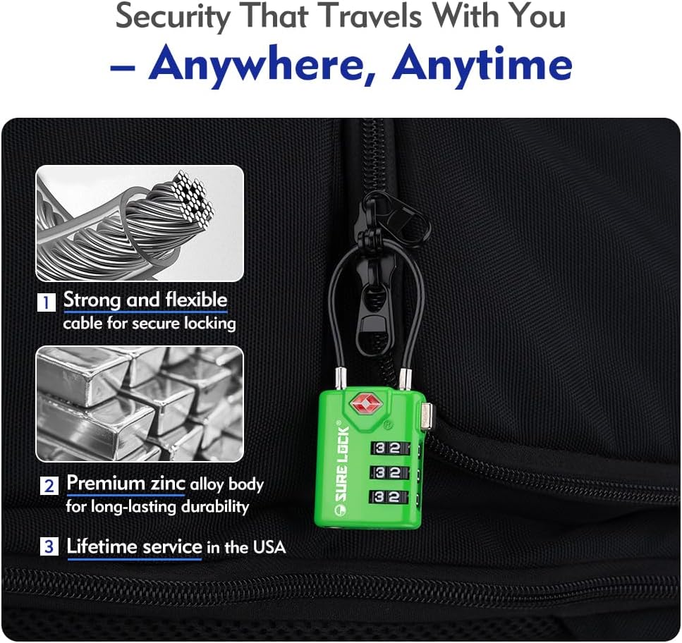 SURE LOCK TSA Compatible Travel Luggage Locks, Inspection Indicator, Easy Read Dials TSA Approved with Zinc Alloy