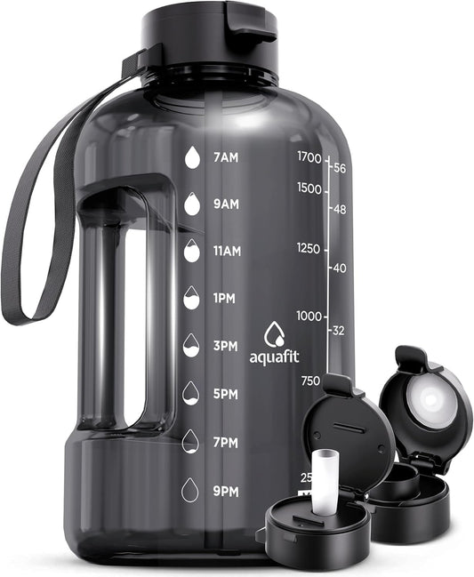 AQUAFIT 64 oz Water Bottle with Time Marker - Straw & Chug Lid - BPA Free Half Gallon Gym Water Bottle with Handle - Big Gallon Jug (Gray, 64 Ounces)
