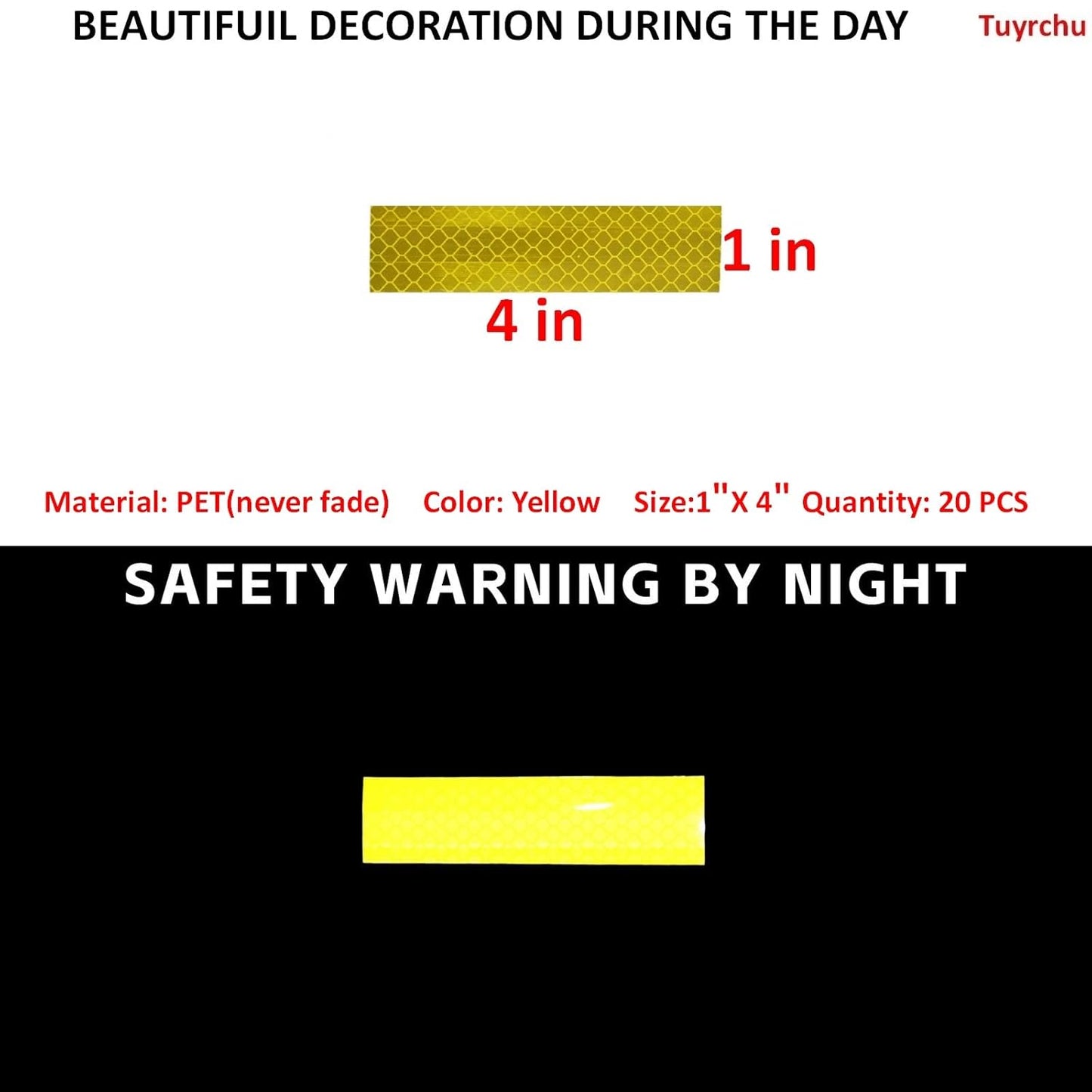 Non Fading Yellow Reflective Stickers 1 inch X 4 inch, Outdoor Waterproof High Visibility Warning Safety Adhesive Reflector Tape (20 Pcs)