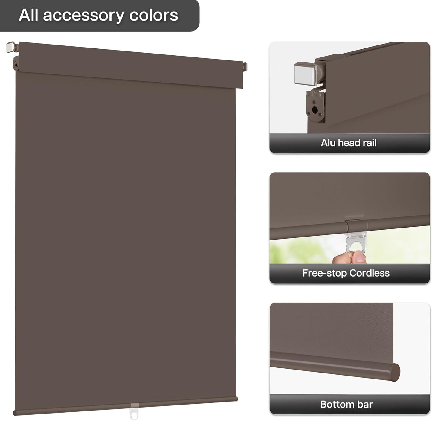 LazBlinds No Drill Blinds for Indoor Windows, Blackout Roller Shades, Cordless Window Blackout Blinds, Thermal Insulated Fabric UV Protection for Home and Office, 36" W x 48" H, Dark Coffee