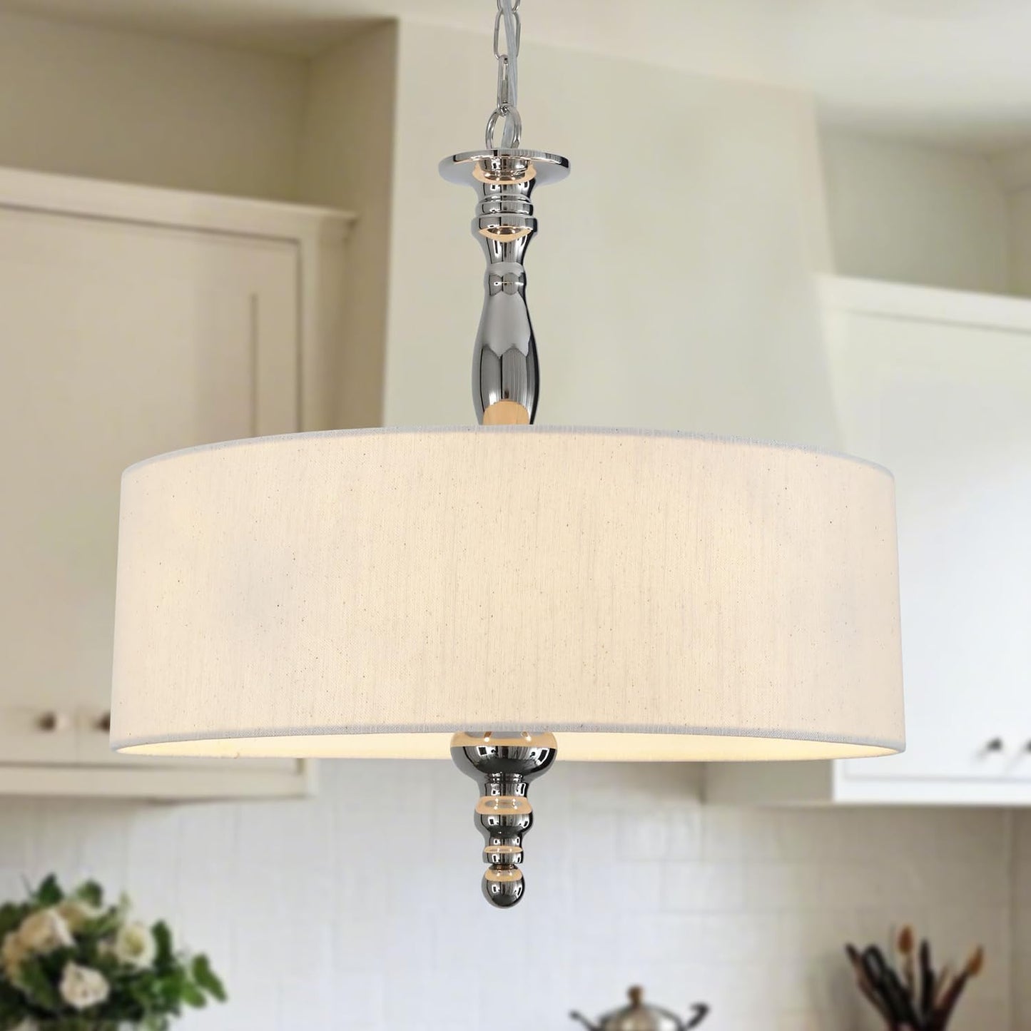 4-Light Drum Chandeliers, Drum Pendant Light Fixture Beige Linen Fabric Shade, Kitchen Chandeliers Over Table,Adjustable Hanging Light Fixture for Dining Room,Brushed Nickel