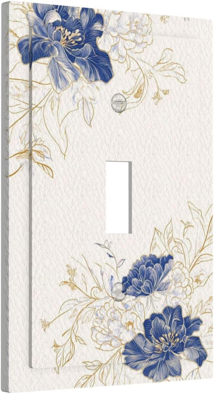 Decorative Light Switch Cover Plate Rustic Blue Flower Floral Gold Leaf 1 Gang Single Toggle Wall Plates for Electrical Outlet Covers Switch Plate Covers Faceplate for Bedroom Home Decor