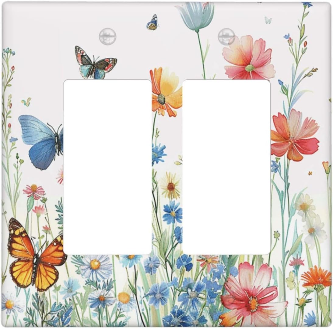 Decorative Outlet Covers Rustic Wildflower Blue Pink Floral Butterfly 2 Gang Light Switch Cover Plate Double Rocker Wall Plates for Electrical Outlets Switch Plate Covers for Home Decor
