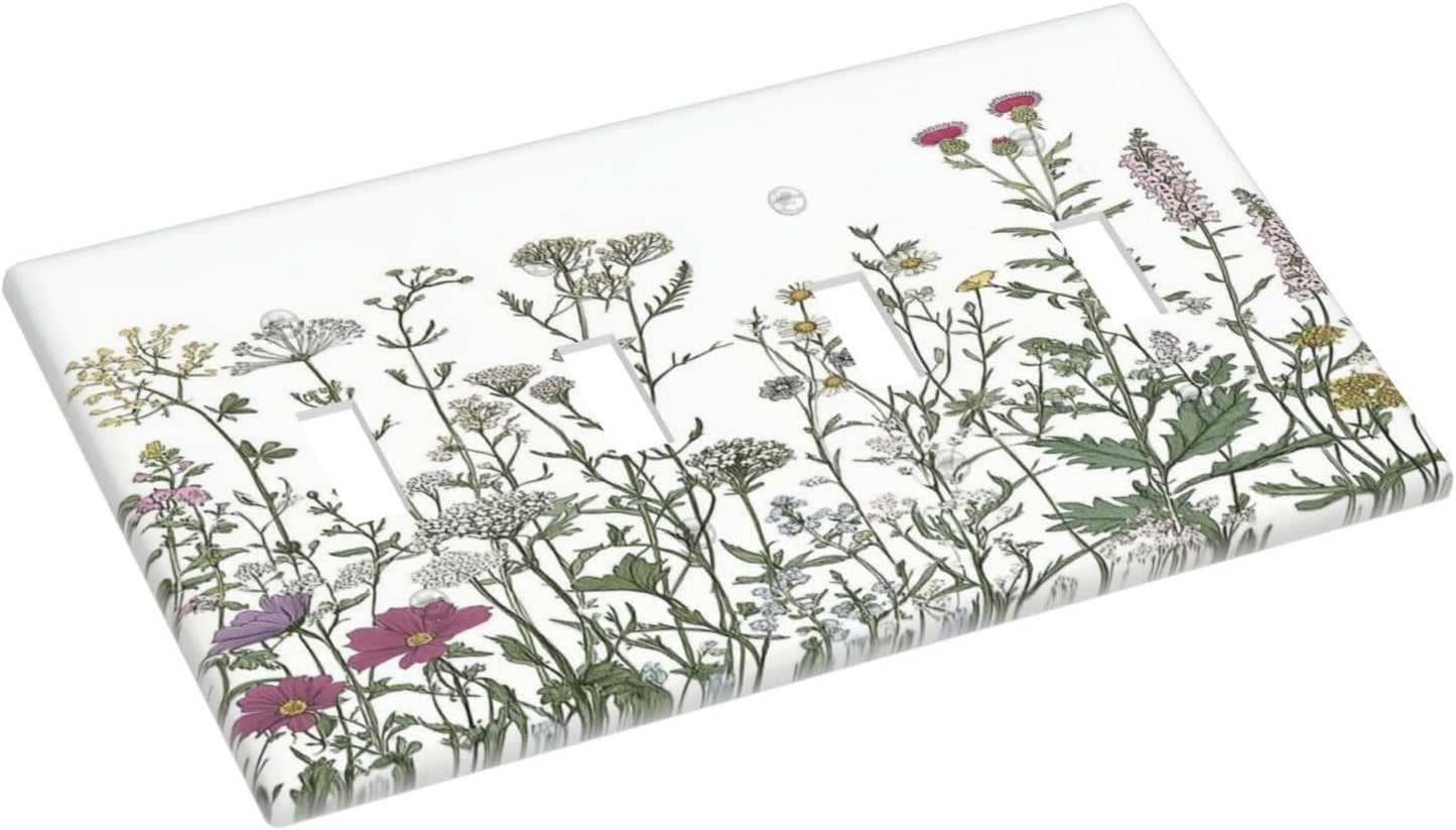 Vintage Herbs Wildflowers Plant Floral Light Switch Covers Quad Toggle Electrical Faceplate 4 Gang Wall Plate Decorative Switch Plates For Bed Room Home Decor