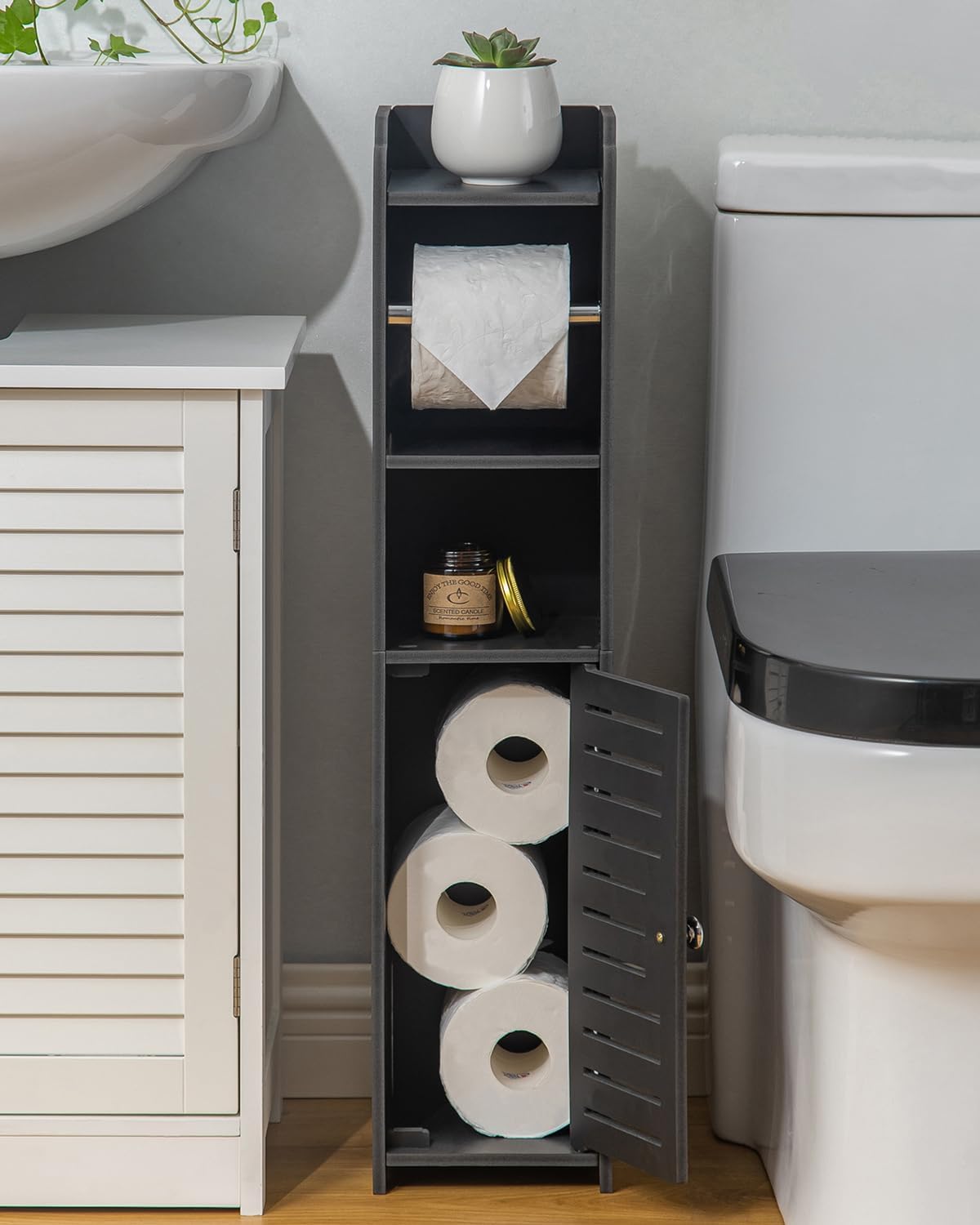 AOJEZOR Toilet Paper Holder Stand: Freestanding No Drill PVC Bathroom Storage for Apartment Renters -Protect Rental Deposit- Small Space Storage Solution