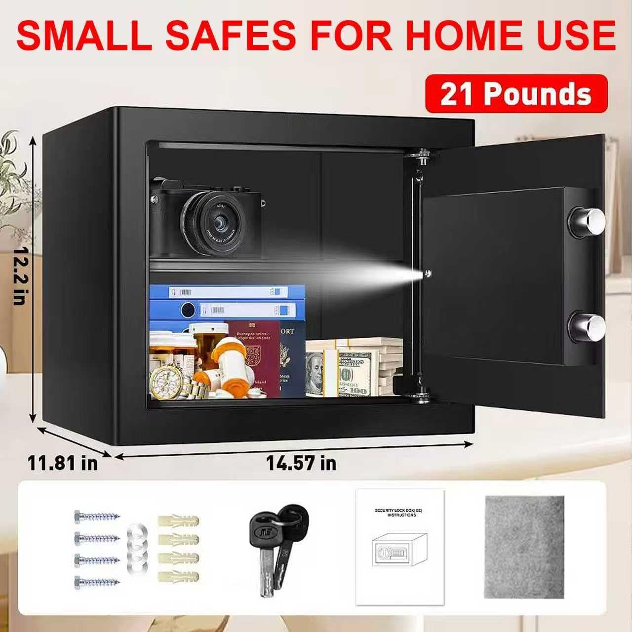 1.8 Cuft Small Fireproof Safe for Home Use, Safe Box Fireproof Waterproof with Programmable Keypad, Spare Keys and Removable Shelf, Digital Home Security Safety Box for Money Documents Medicines