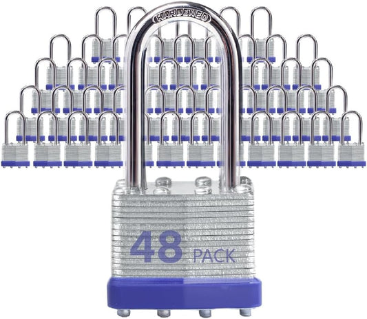Lock Outdoor Padlocks, Key Lock, Padlocks with Same Key - Laminated Steel Keyed Padlocks with Long Shackle, 48 Pack, for Hasp Latch, Sheds, Fences, Storage Locker, School, Gym