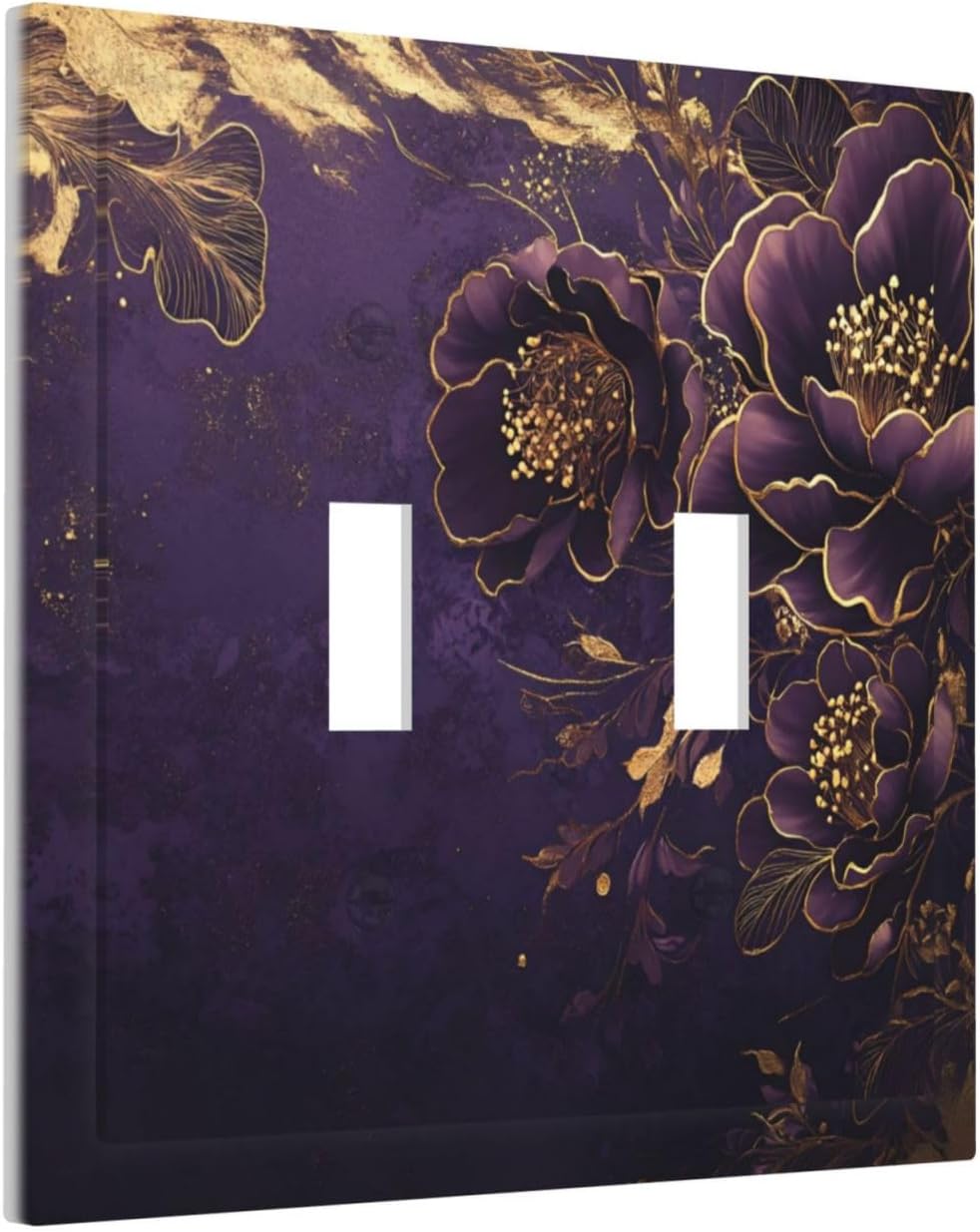 Decorative Light Switch Cover Plate Vintage Purple Peony Gold Leaf Flowers Floral 2 Gang Wall Plate Oversized Double Toggle Two Switch Wall Cover Plate Dual Device Electrical Face Plate